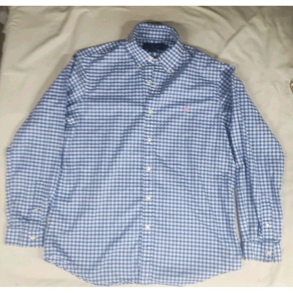 Polo Ralph Lauren Button Down Mens L Cotton Classic Fit Blue White Gingham Check